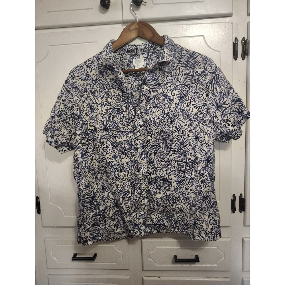 Sigrid Olsen Floral Linen Short Sleeve Button Down Top Shirt Size Large